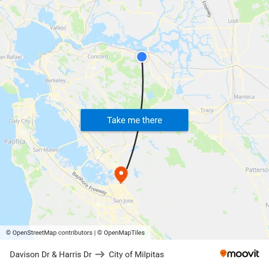Davison Dr & Harris Dr to City of Milpitas map