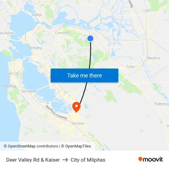 Deer Valley Rd & Kaiser to City of Milpitas map