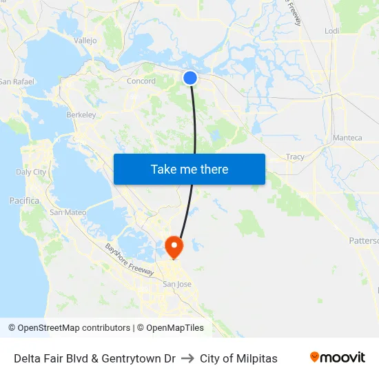 Delta Fair Blvd & Gentrytown Dr to City of Milpitas map