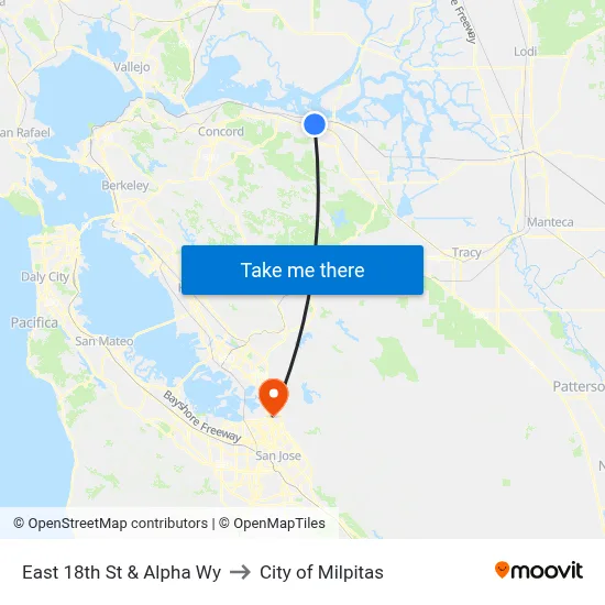 East 18th St & Alpha Wy to City of Milpitas map