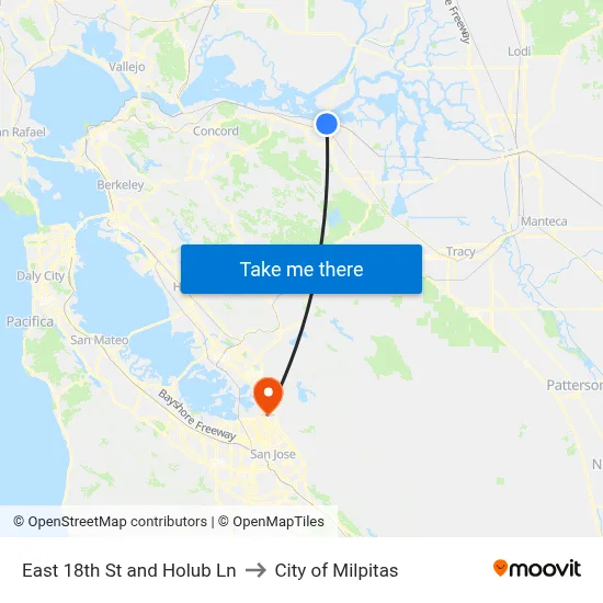 East 18th St and Holub Ln to City of Milpitas map