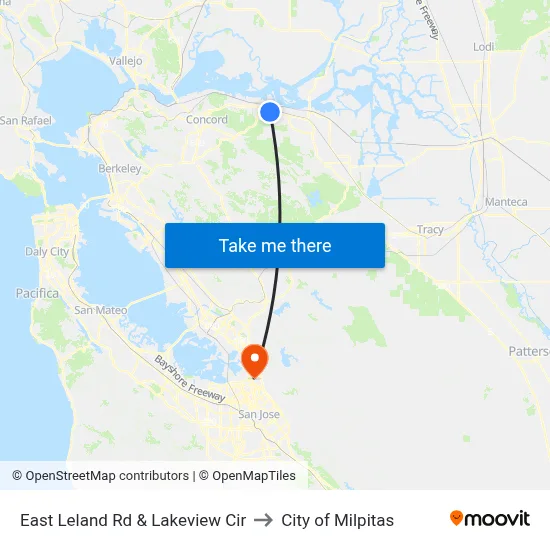 East Leland Rd & Lakeview Cir to City of Milpitas map