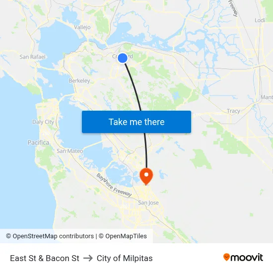 East St & Bacon St to City of Milpitas map