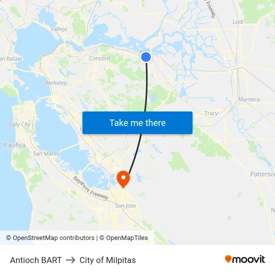 Antioch BART to City of Milpitas map