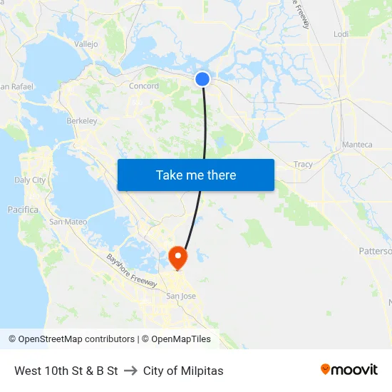 West 10th St & B St to City of Milpitas map
