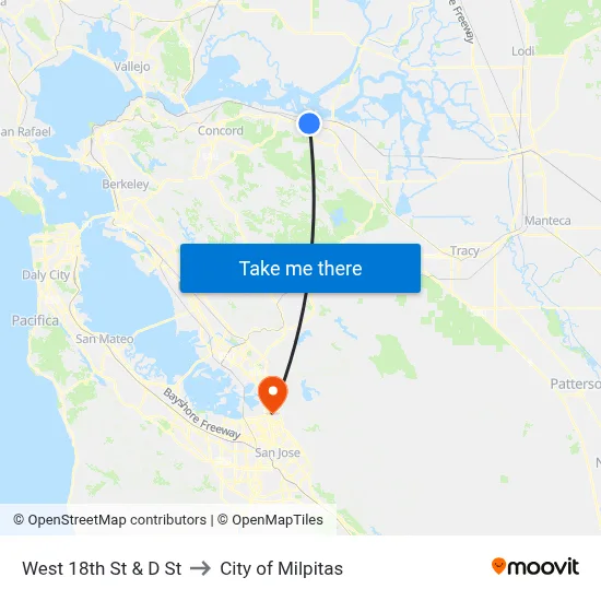 West 18th St & D St to City of Milpitas map