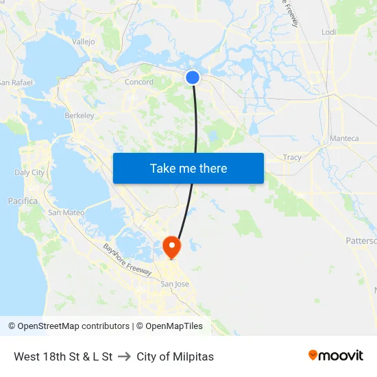 West 18th St & L St to City of Milpitas map