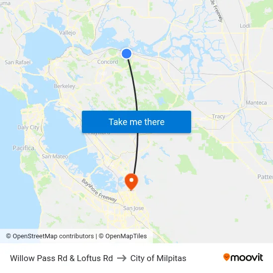 Willow Pass Rd & Loftus Rd to City of Milpitas map