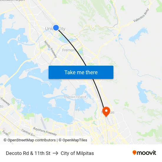 Decoto Rd & 11th St to City of Milpitas map