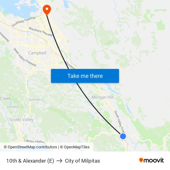 10th & Alexander (E) to City of Milpitas map