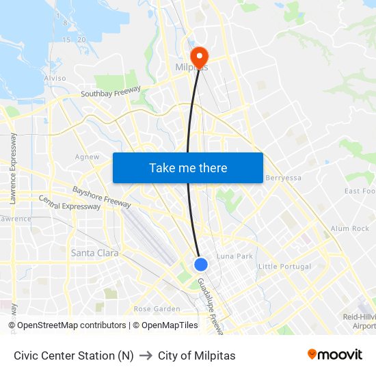 Civic Center Station (N) to City of Milpitas map