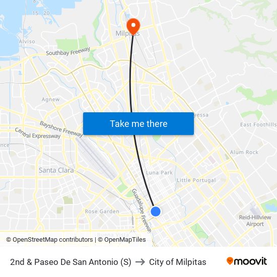 2nd & Paseo De San Antonio (S) to City of Milpitas map