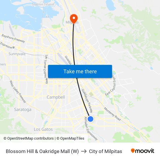 Blossom Hill & Oakridge Mall (W) to City of Milpitas map