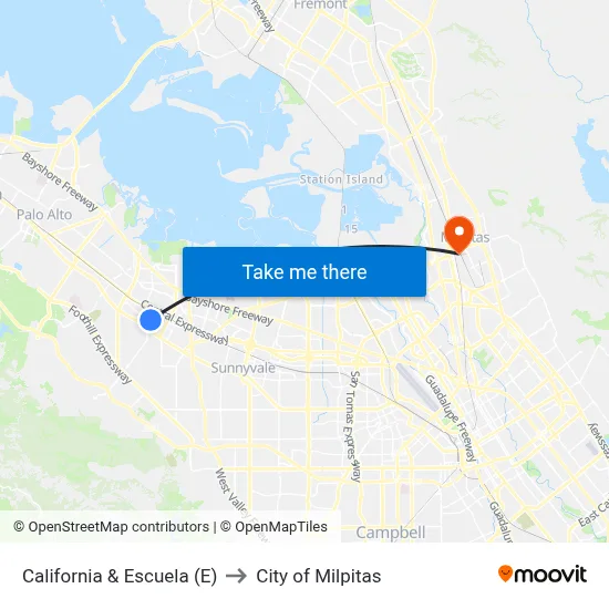 California & Escuela (E) to City of Milpitas map