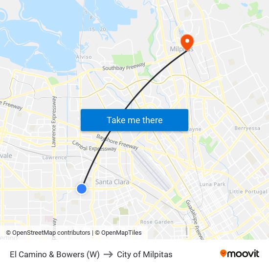 El Camino & Bowers (W) to City of Milpitas map