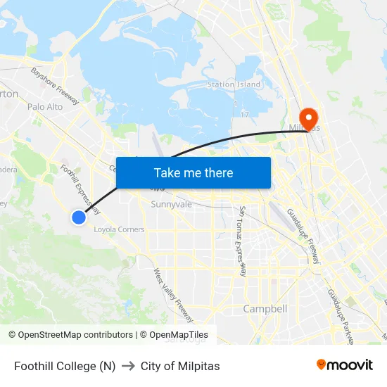 Foothill College (N) to City of Milpitas map