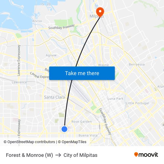 Forest & Monroe (W) to City of Milpitas map