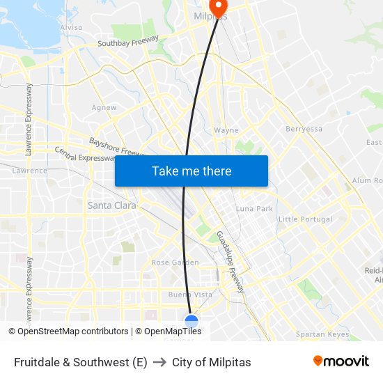 Fruitdale & Southwest (E) to City of Milpitas map