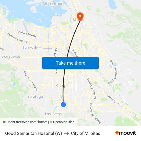 Good Samaritan Hospital (W) to City of Milpitas map