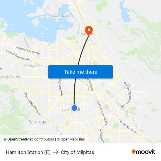 Hamilton Station (E) to City of Milpitas map