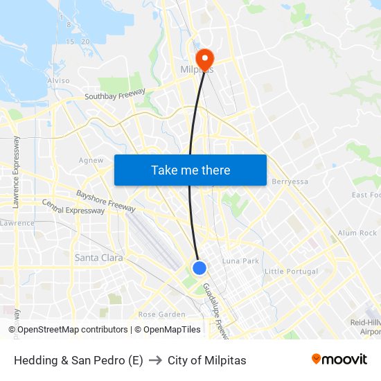 Hedding & San Pedro (E) to City of Milpitas map