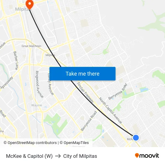 McKee & Capitol (W) to City of Milpitas map