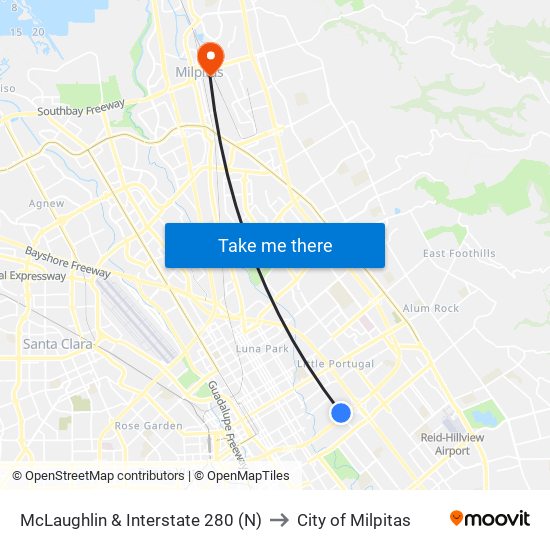 McLaughlin & Interstate 280 (N) to City of Milpitas map