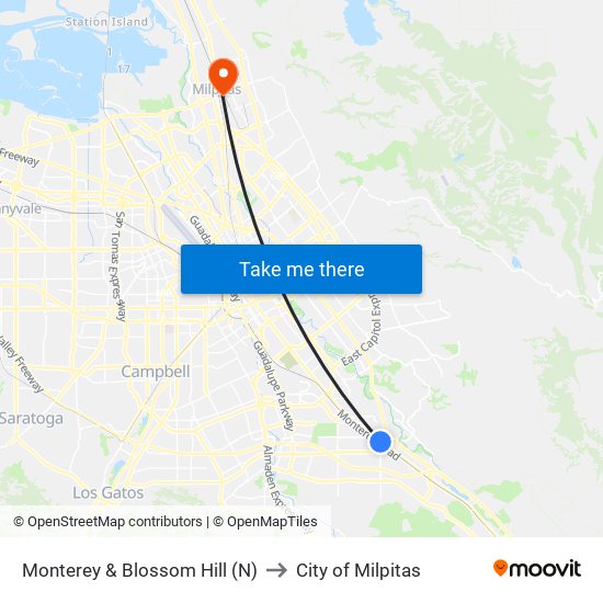 Monterey & Blossom Hill (N) to City of Milpitas map