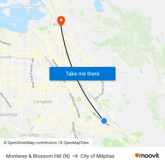 Monterey & Blossom Hill (N) to City of Milpitas map