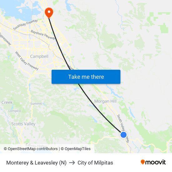 Monterey & Leavesley (N) to City of Milpitas map