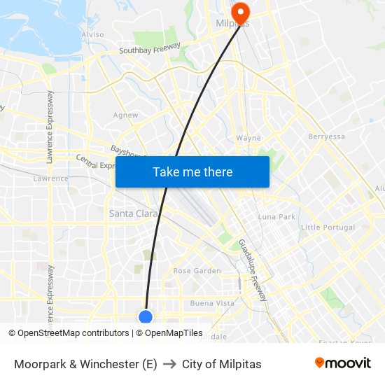 Moorpark & Winchester (E) to City of Milpitas map