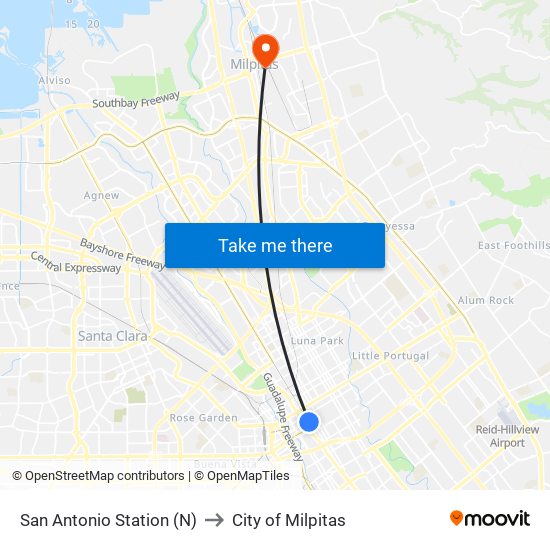 San Antonio Station (N) to City of Milpitas map