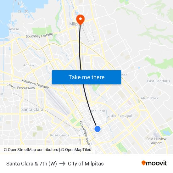 Santa Clara & 7th (W) to City of Milpitas map