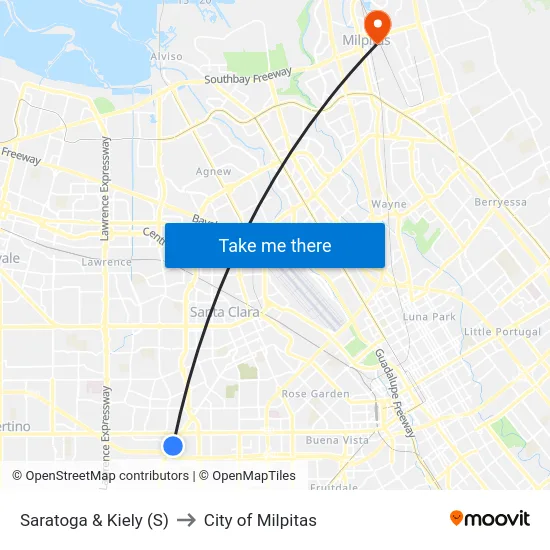 Saratoga & Kiely (S) to City of Milpitas map