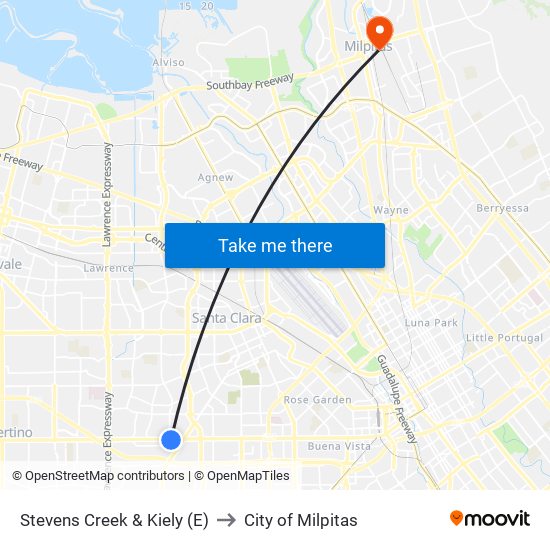 Stevens Creek & Kiely (E) to City of Milpitas map