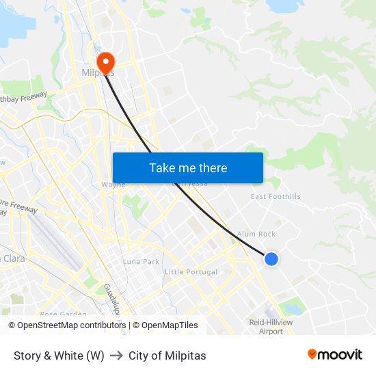 Story & White (W) to City of Milpitas map