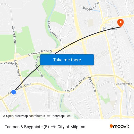 Tasman & Baypointe (E) to City of Milpitas map