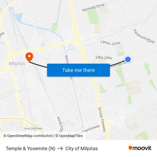 Temple & Yosemite (N) to City of Milpitas map