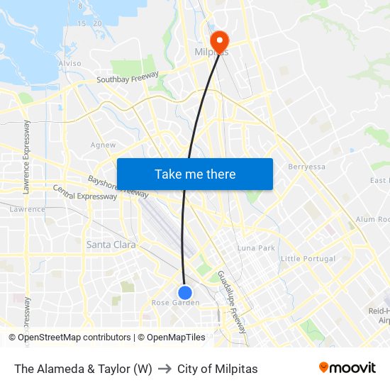 The Alameda & Taylor (W) to City of Milpitas map