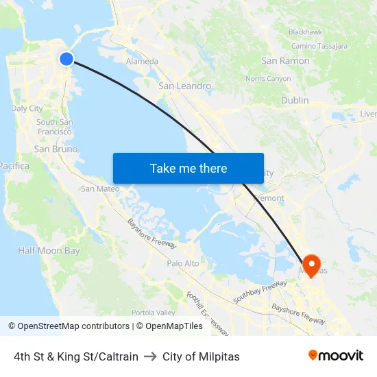 4th St & King St/Caltrain to City of Milpitas map