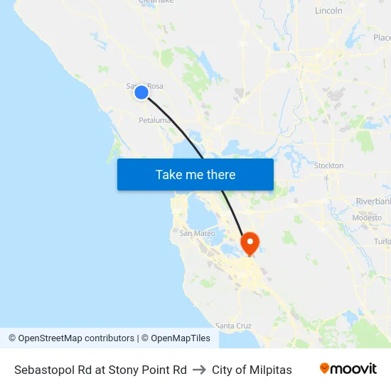 Sebastopol Rd at Stony Point Rd to City of Milpitas map