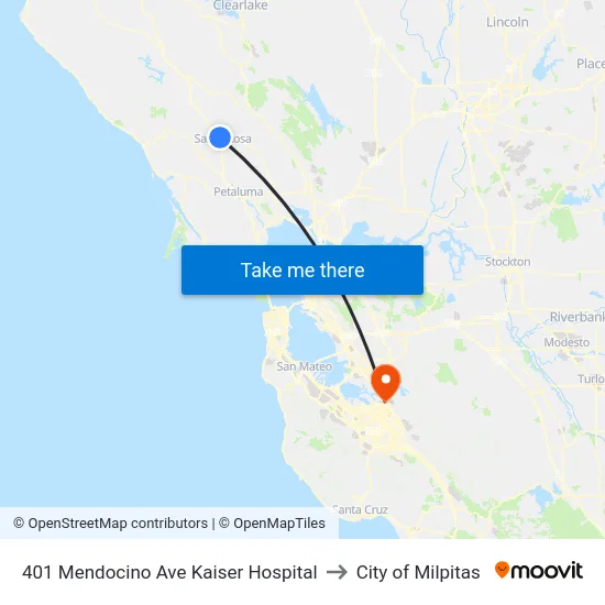 401 Mendocino Ave Kaiser Hospital to City of Milpitas map