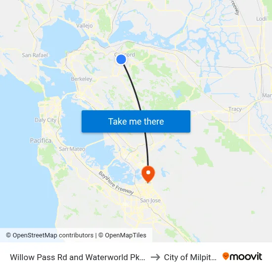 Willow Pass Rd and Waterworld Pkwy to City of Milpitas map