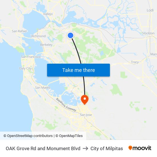 OAK Grove Rd and Monument Blvd to City of Milpitas map