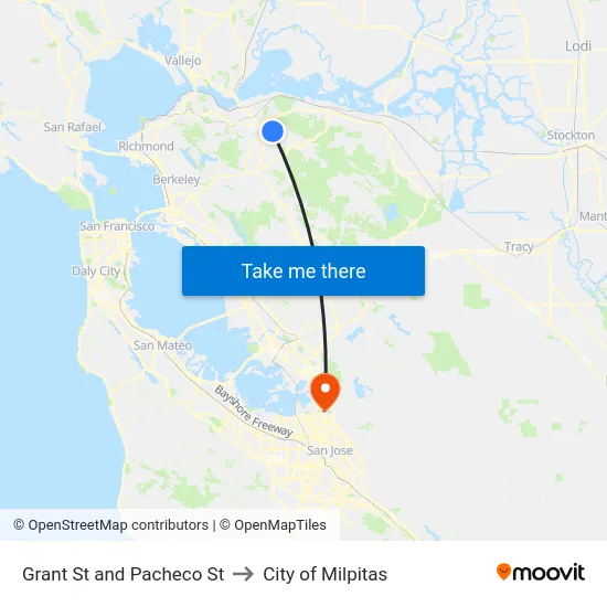 Grant St and Pacheco St to City of Milpitas map