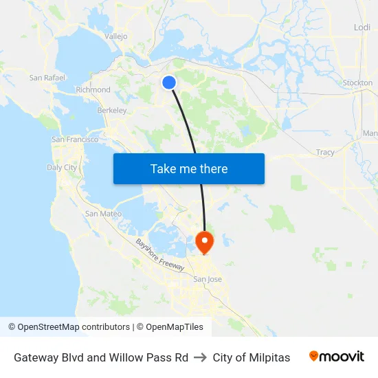 Gateway Blvd and Willow Pass Rd to City of Milpitas map