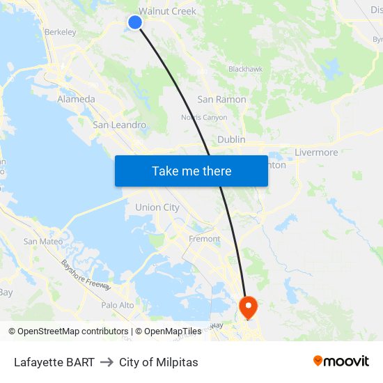 Lafayette BART to City of Milpitas map