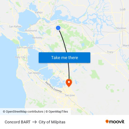 Concord BART to City of Milpitas map