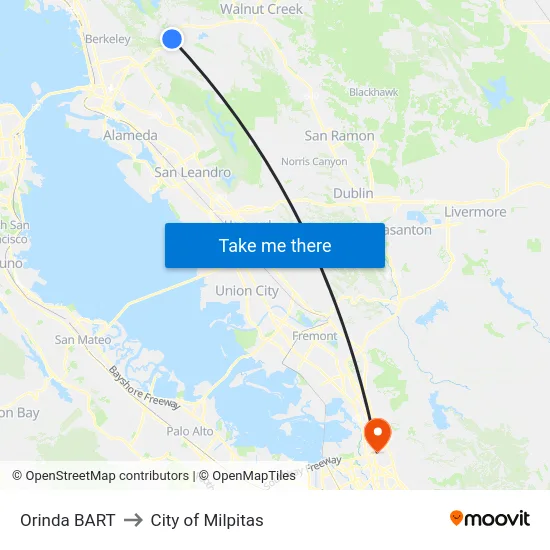 Orinda BART to City of Milpitas map