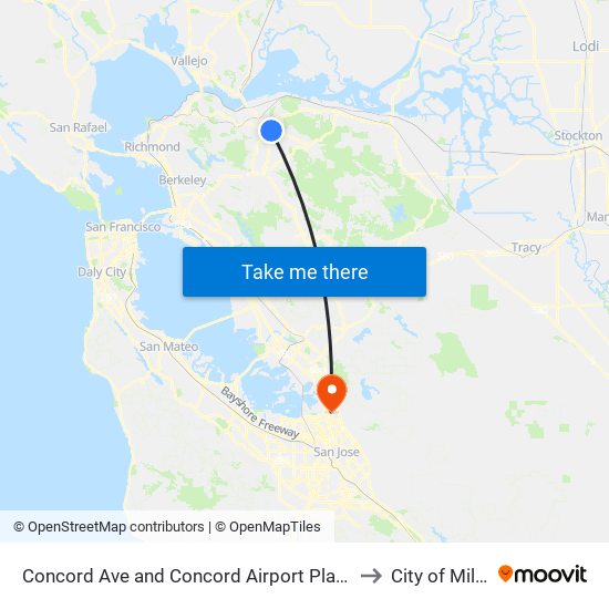 Concord Ave and Concord Airport Plaza Building A to City of Milpitas map